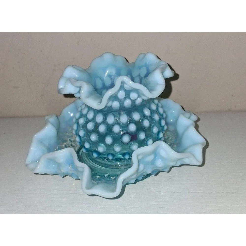 Vintage Fenton Blue Opalescent Hobnail Vase & Ruffled Plate Set 3